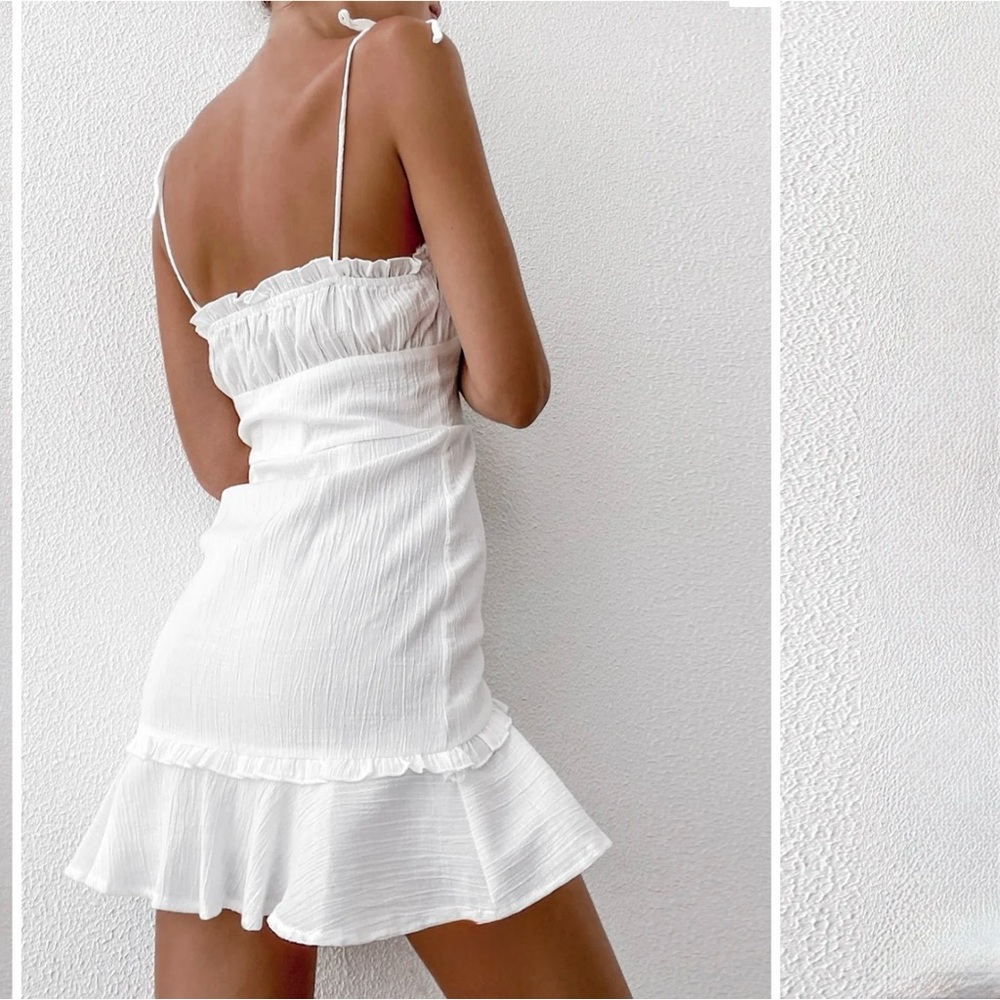 Commense White Tie Strap Ruffle Button Front Mini… - image 2